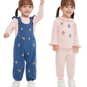 Little Me Pink Floral Sweatshirt with Blue Denim Embroidered Overalls